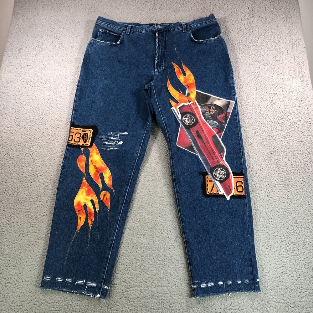 Vintage Versace‎ Jean Couture Mens 40x31 Blue Distressed Flames Made In Italy
